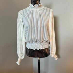 Blashe Blouse Sheer Chiffon Puff Sleeve Smocked Ruffle Chocker Neutral Sz MED